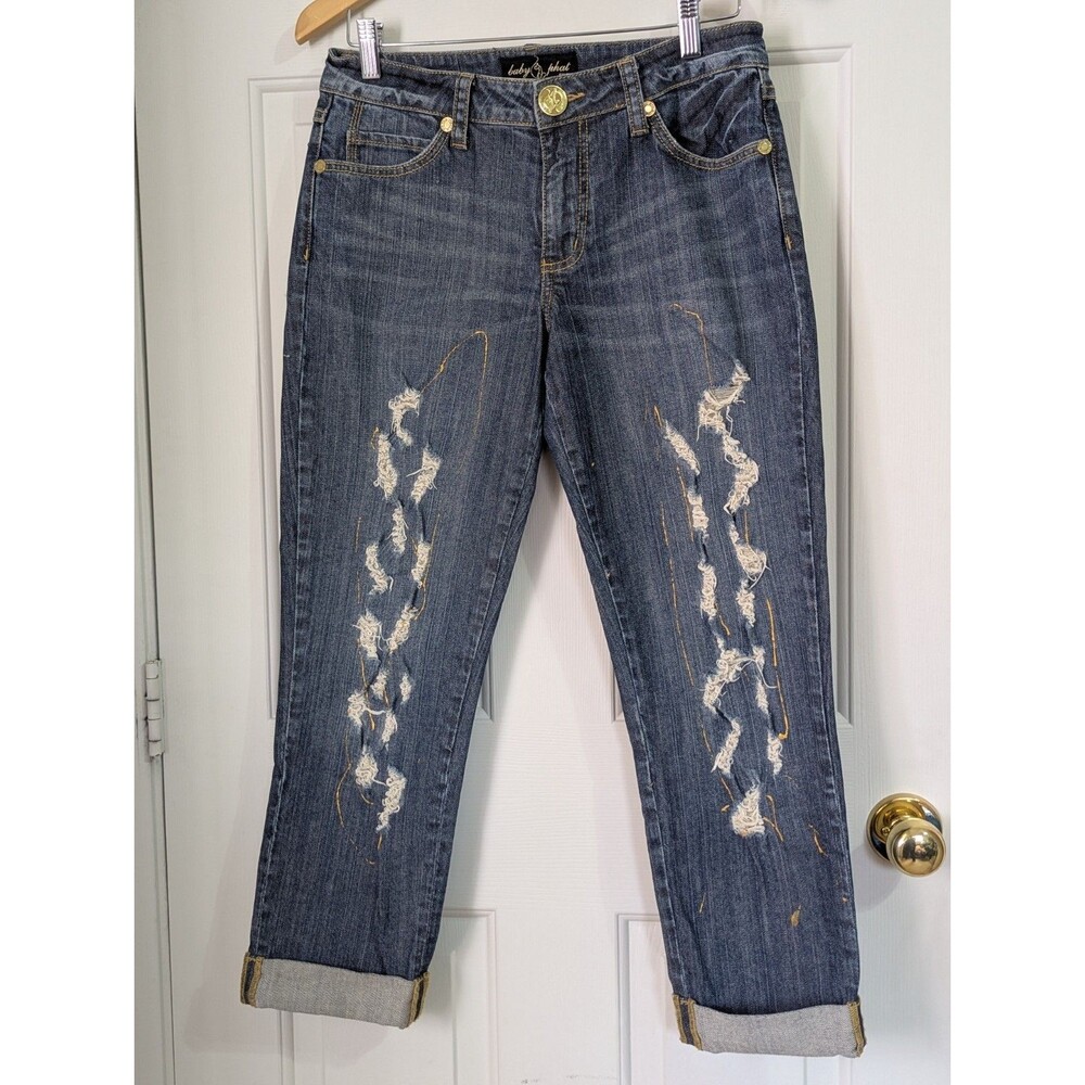 VTG Y2K Baby Phat Distressed Jeans Womens 7 Blue Gold Graffiti Embroidered Logo